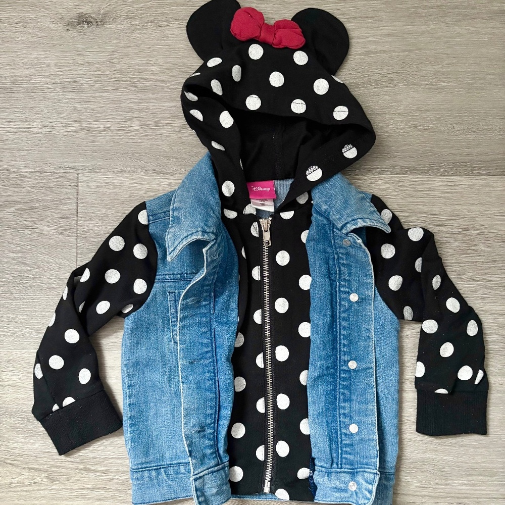 Disney Minnie Mouse Jean Denim Jacket White Polka Dots Minnie Ears Bow Hood 2T - Picture 8 of 11